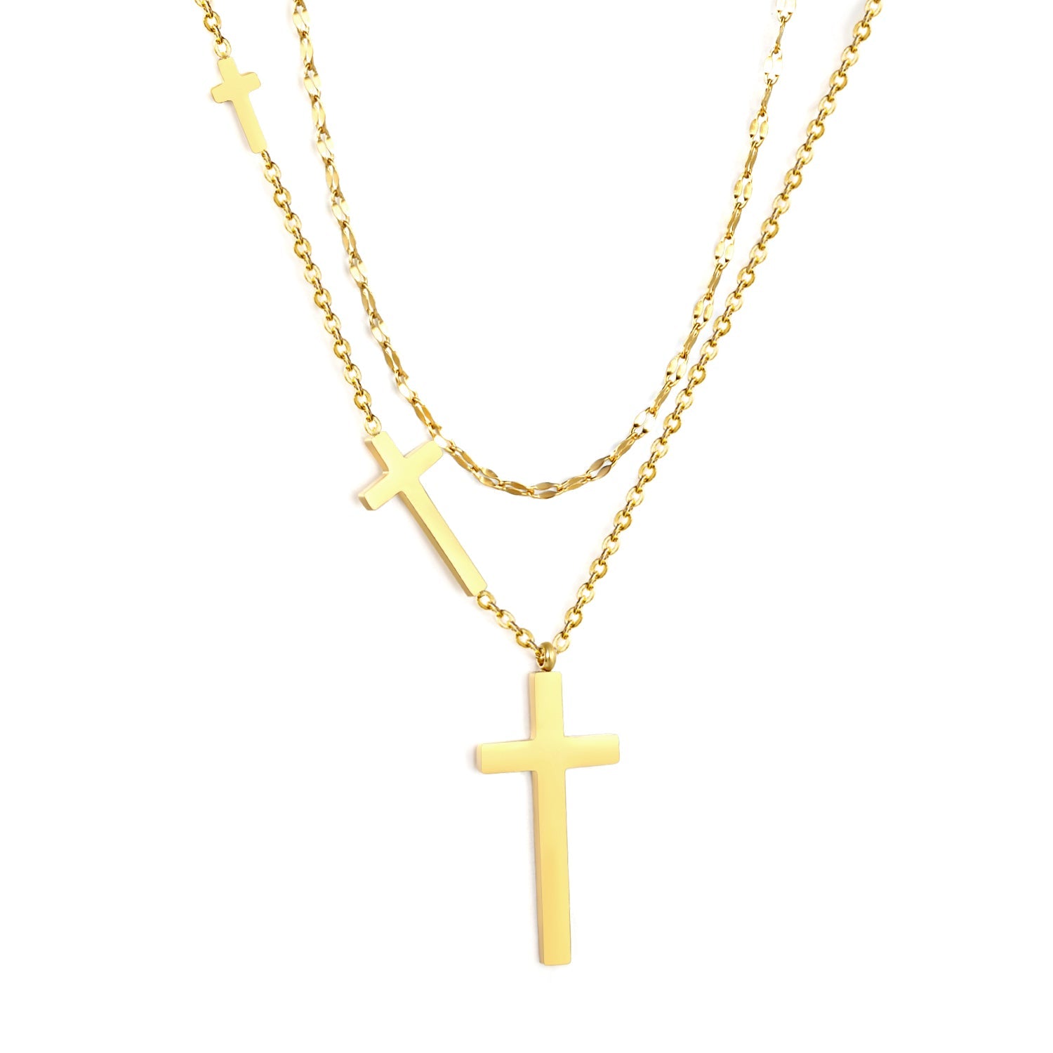 15 x 31.3mm + 10 x 19.4mm + 4.9 x 10mm Cross Pendant Lip Chain 40 + Cross Chain 45 + 5cm Double Chain Necklace, Gold asonjewelry